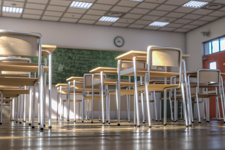 interior of a traditional style school with chairs and wooden desks