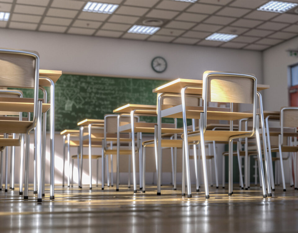 interior of a traditional style school with chairs and wooden desks