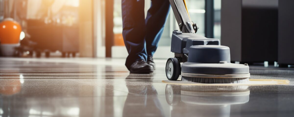Janitor Cleaning Floor with Polishing Machine Indoors.