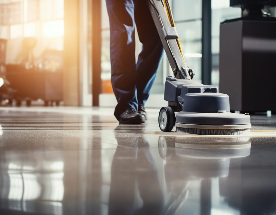 Janitor Cleaning Floor with Polishing Machine Indoors.