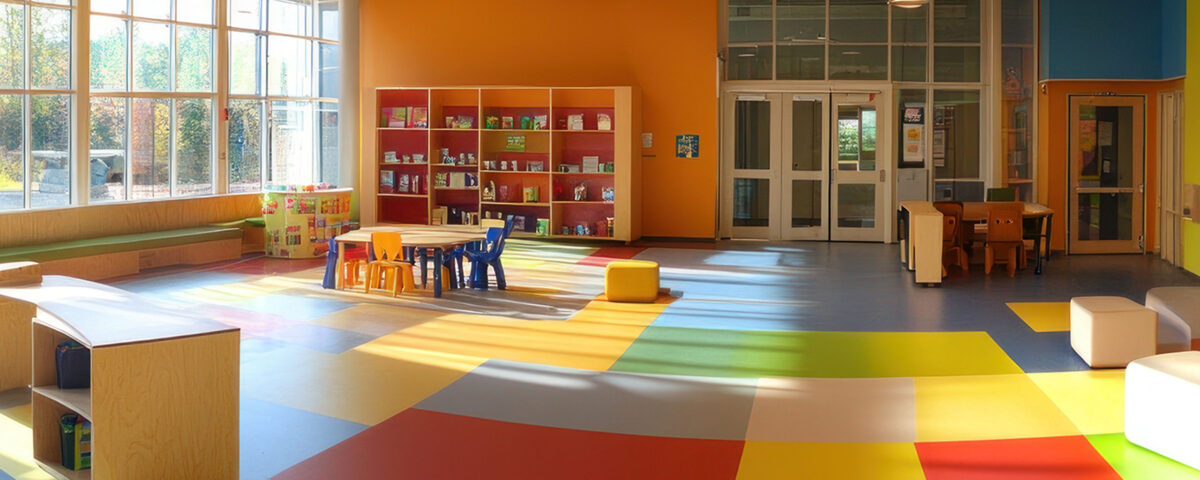 Sunny Daycare Playroom with Bookshelves, Large Windows, and Colorful Floor