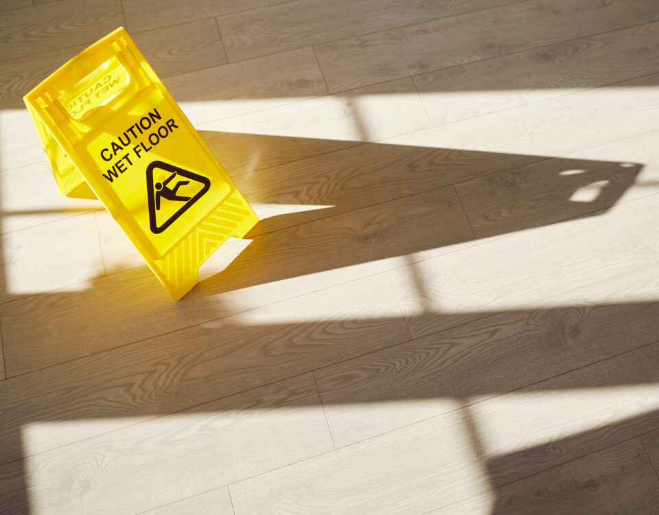 Wet Floor sign on clean freshly mopped slippery grey floor with sunlight and shadows
