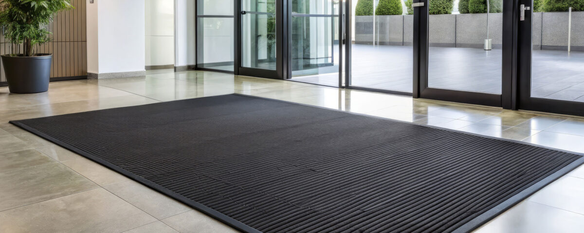 Clean and modern commercial establishment featuring a sleek black rubber floor mat with textured ridges and a subtle sheen, set against a light gray background.
