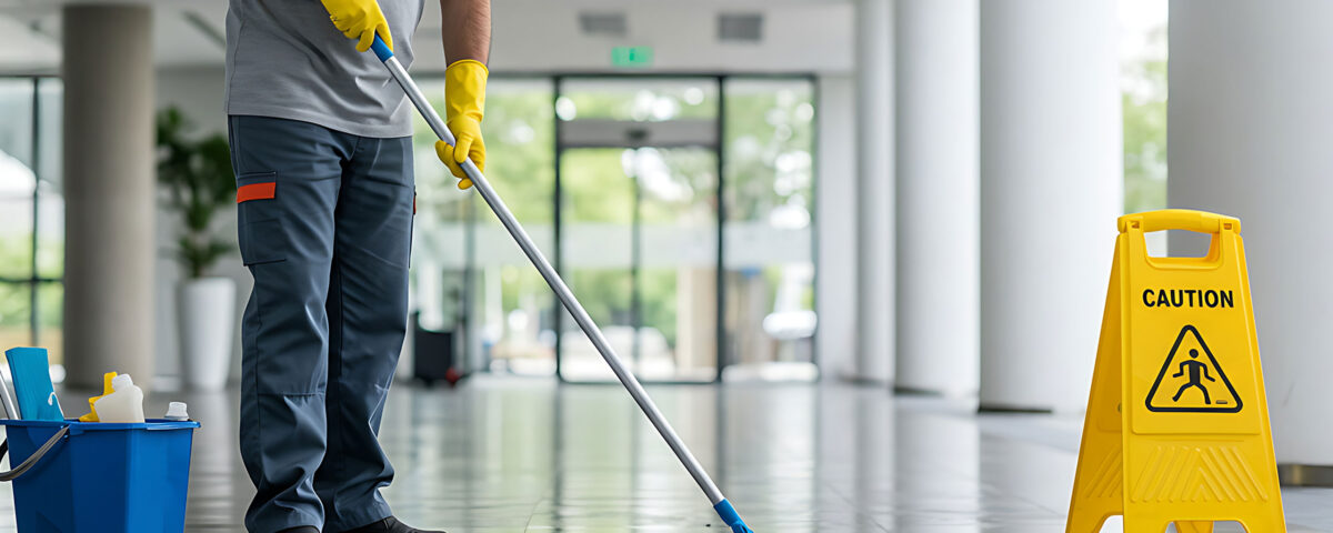 Janitor cleaning wet floor in a modern office building with caution sign