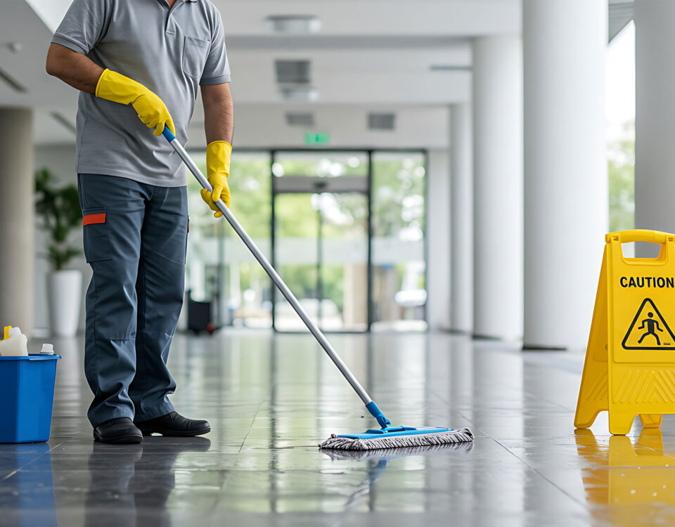Janitor cleaning wet floor in a modern office building with caution sign