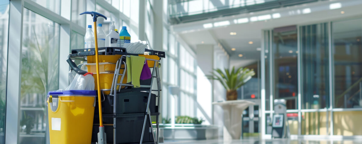 A cart filled with various cleaning supplies positioned in an office building, banner, copy space