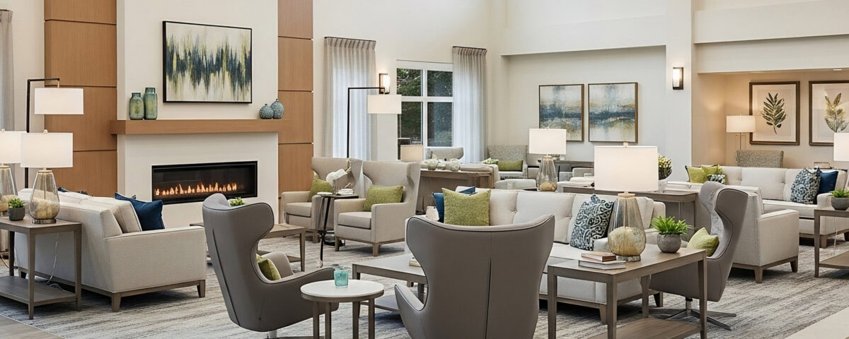 Spacious and elegant common area in a senior living facility with comfortable seating and modern decor.