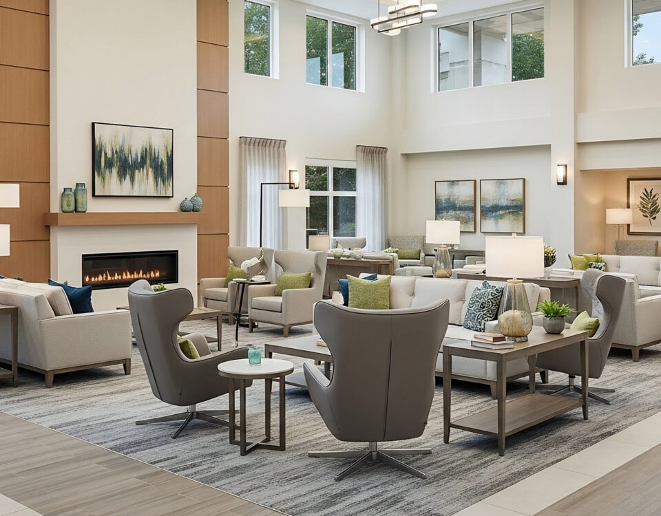 Spacious and elegant common area in a senior living facility with comfortable seating and modern decor.
