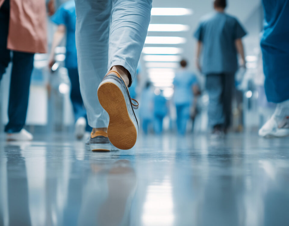 Healthcare workers in blue scrubs walking through a bright modern hospital hallway.