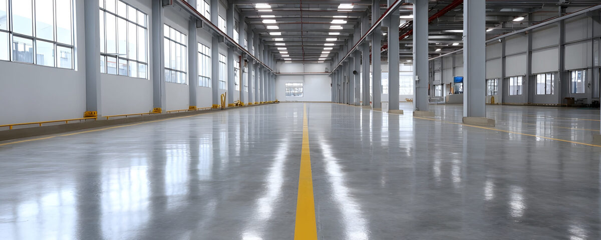 Vast empty and clean industrial warehouse interior with a reflective polished concrete floor and central yellow line
