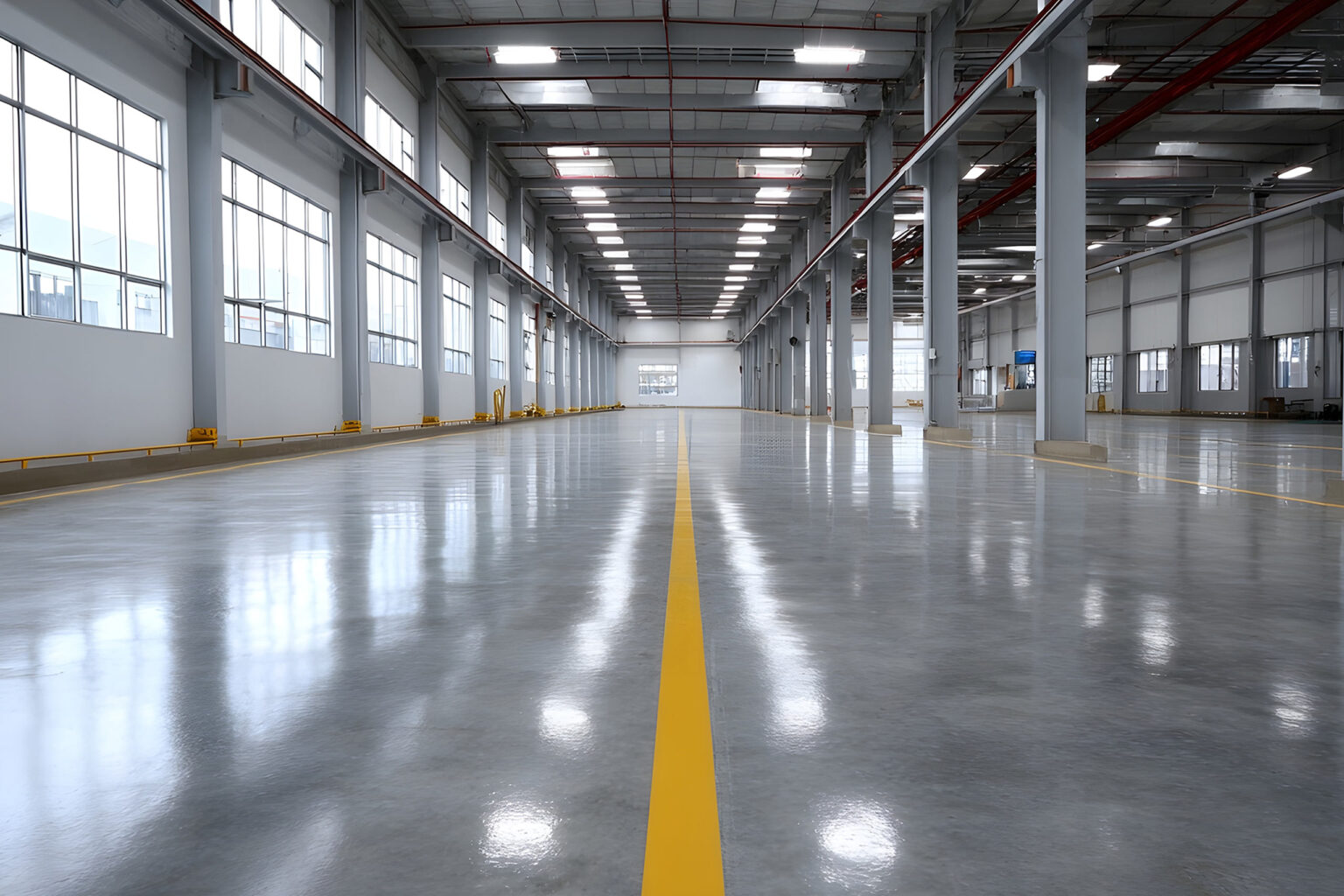 Vast empty and clean industrial warehouse interior with a reflective polished concrete floor and central yellow line Vast empty and clean industrial warehouse interior with a reflective polished concrete floor and central yellow line