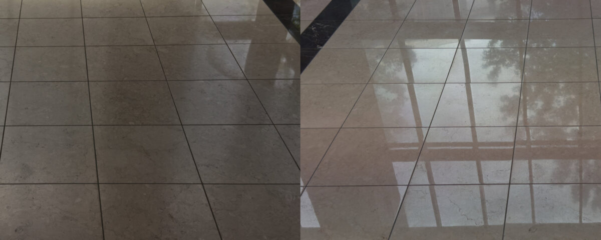 Before and after, polishing an old interior natural marble floor