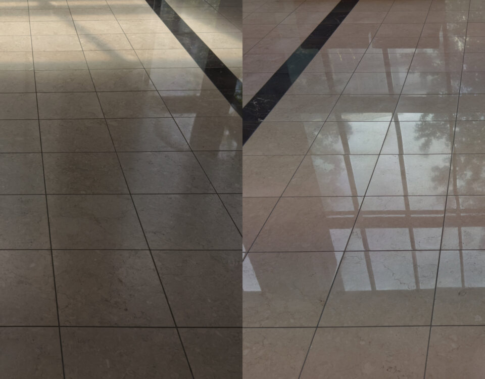 Before and after, polishing an old interior natural marble floor
