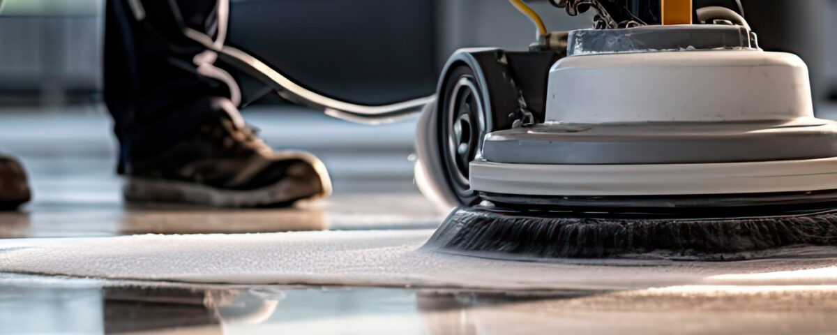 Worker polishing hard floor with high speed polishing machine