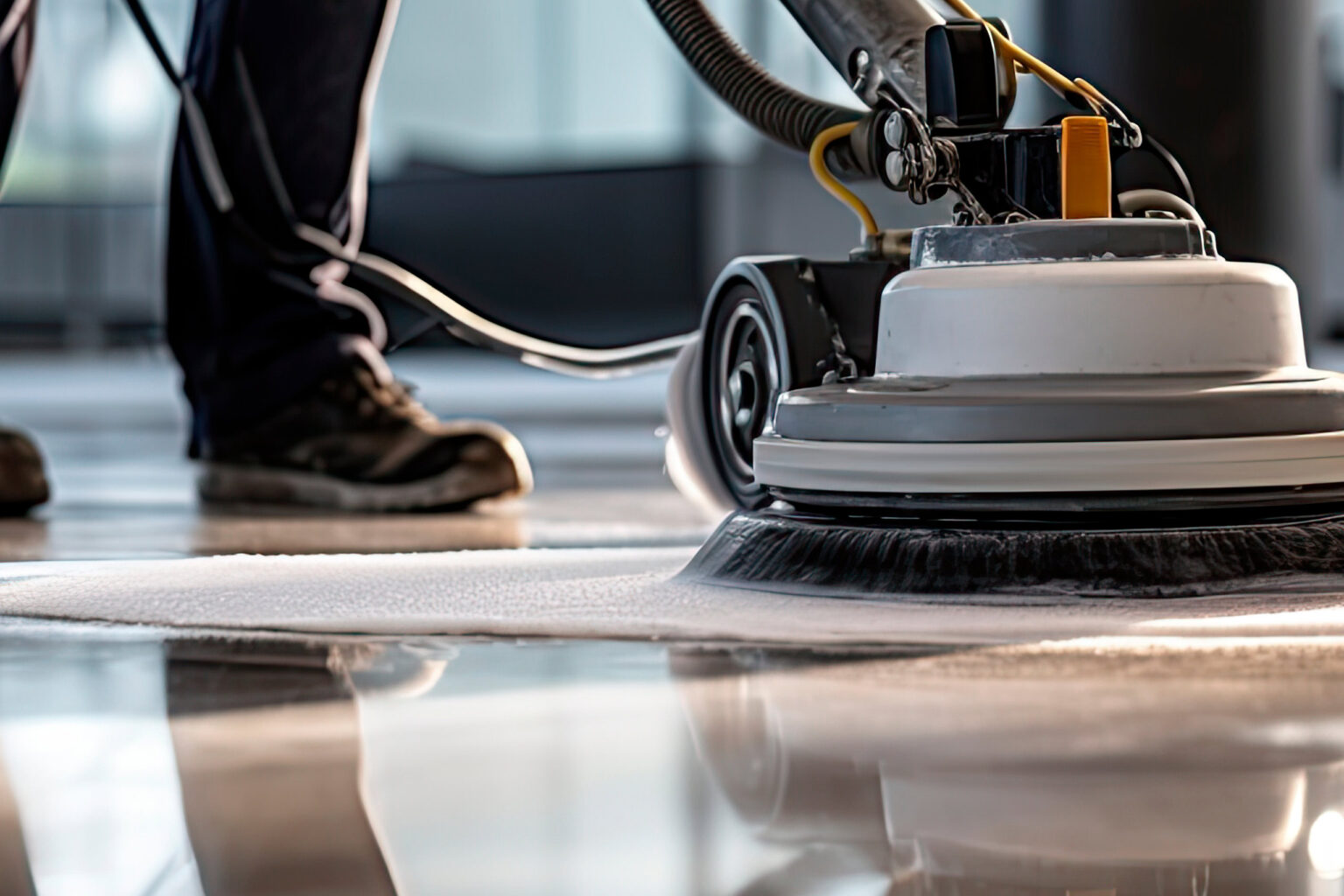 Janitorial-Staff-vs-Floor-Cleaning-Specialists-The-Truth-for-Commercial-Facilities Worker polishing hard floor with high speed polishing machine
