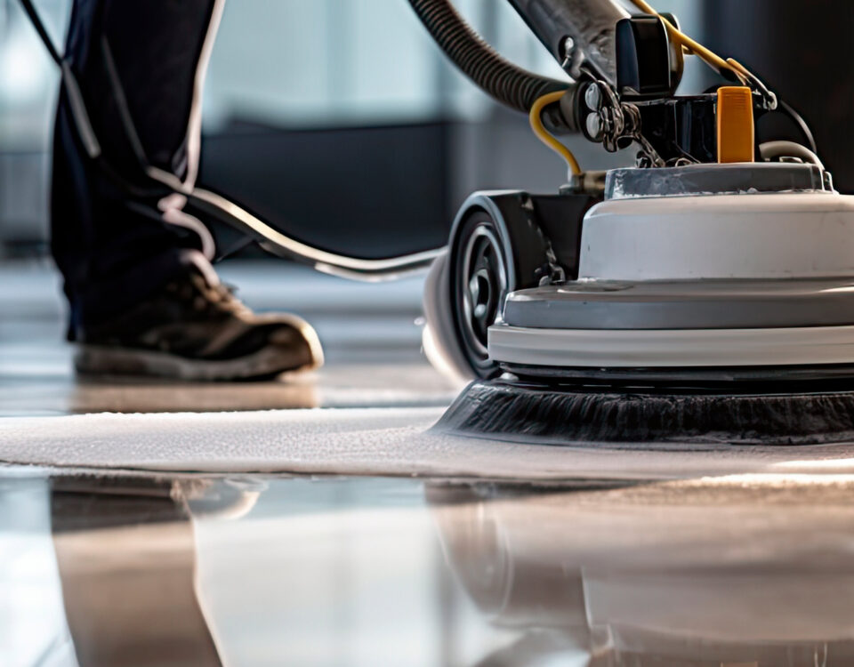 Worker polishing hard floor with high speed polishing machine