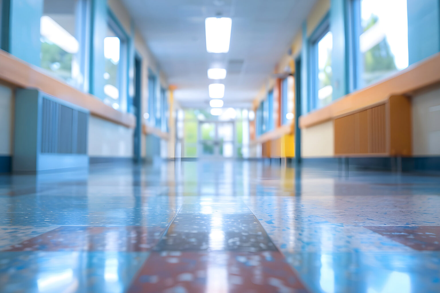 What-Happens-If-You-Skip-Regular-Floor-Maintenance Empty blank corridor school with blurred background.