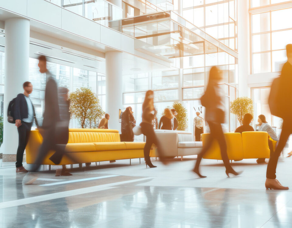 Bright business workplace with people in walking in blurred motion in modern office space