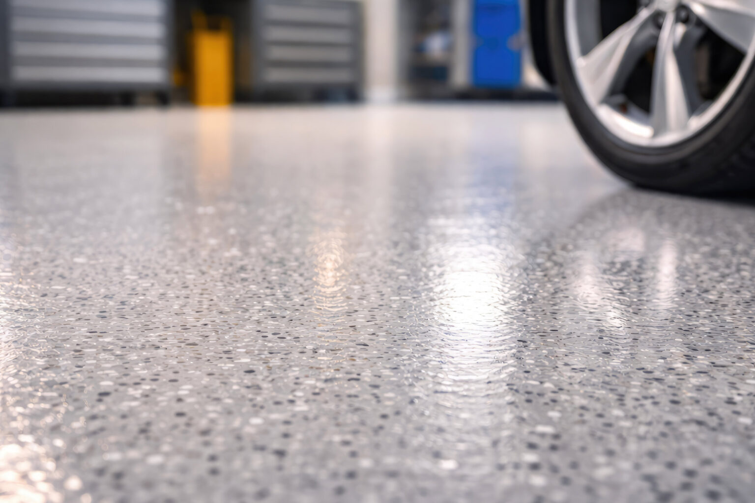 Close up of polished epoxy garage floor with car wheel Close up of polished epoxy garage floor with car wheel