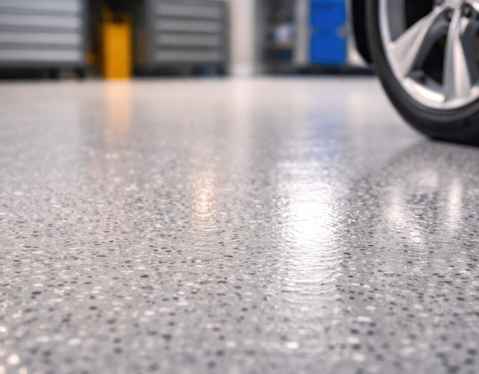 Close up of polished epoxy garage floor with car wheel