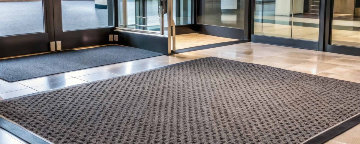 A modern commercial entrance with a stylish mat featuring a subtle logo pattern, inviting customers into a sleek and sophisticated corporate office or retail space.