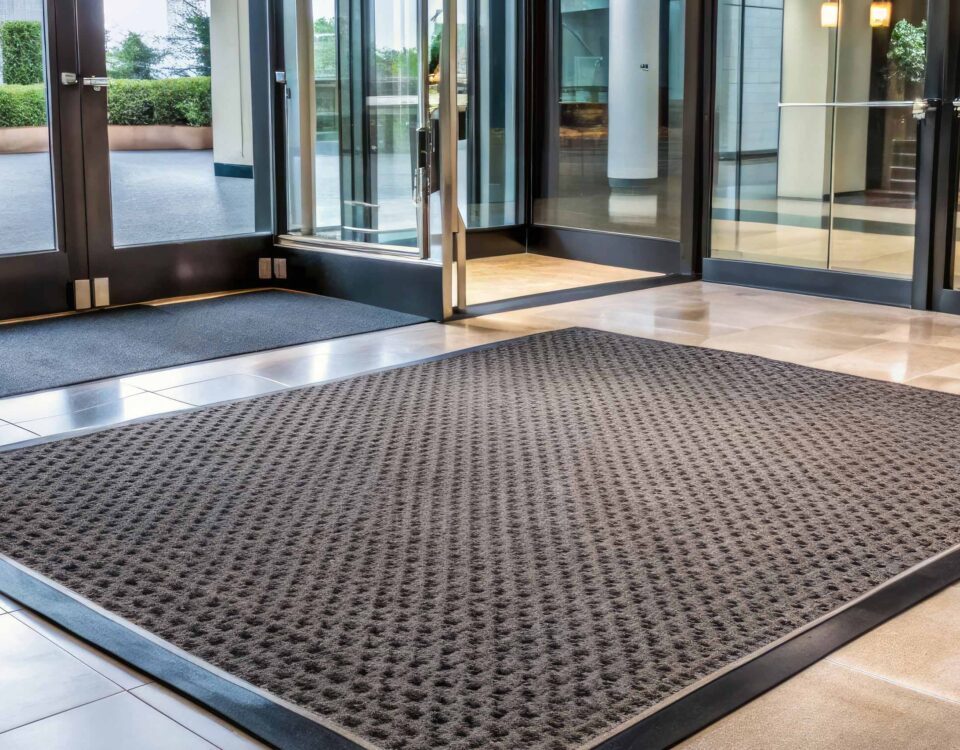 A modern commercial entrance with a stylish mat featuring a subtle logo pattern, inviting customers into a sleek and sophisticated corporate office or retail space.