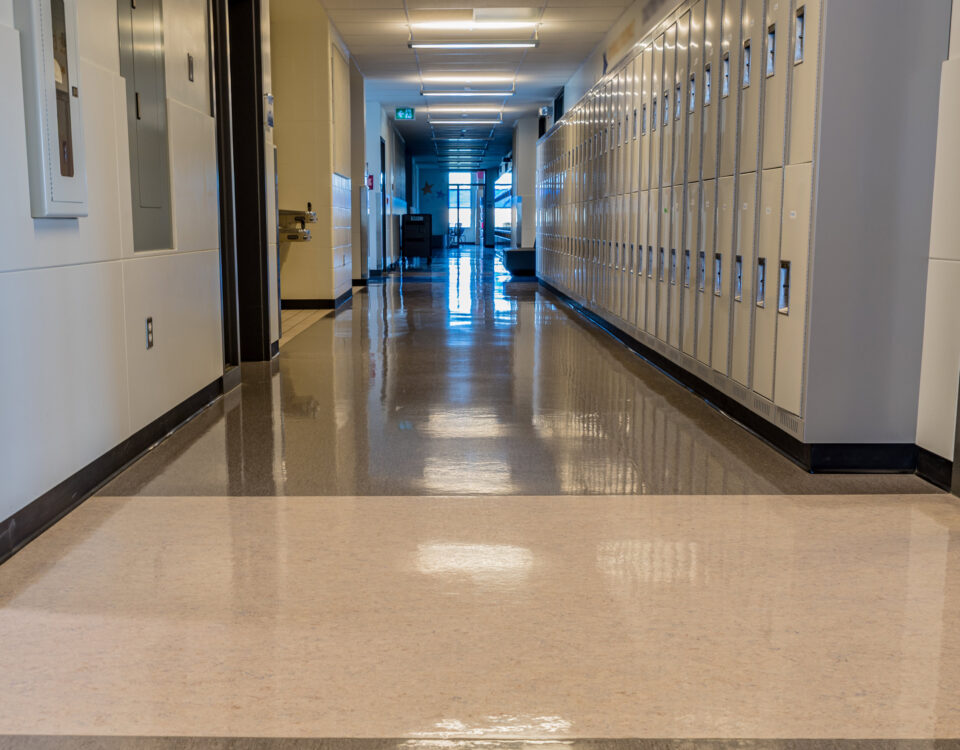 Interior of a bright, empty school hallway: back to school concept, coronavirus concept