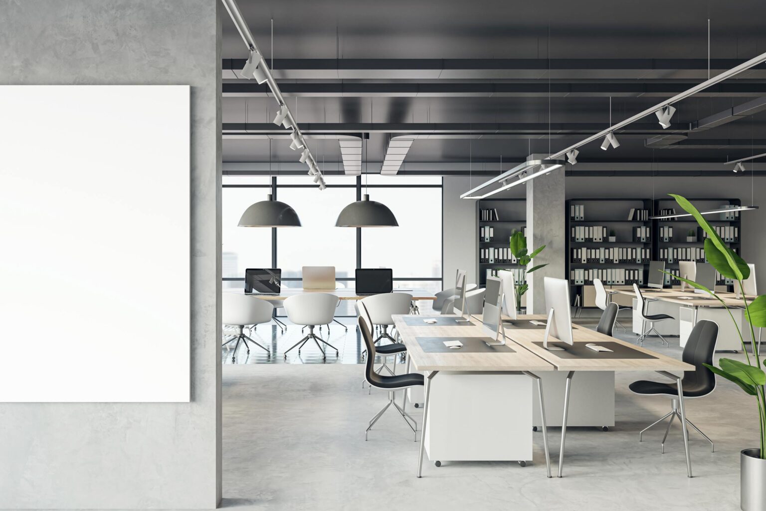 Commercial-Floor-Cleaning-for-Co-Working-Spaces-and-Flex-Offices Front view of blank white isolated poster on a light grey wall at the entrance to modern loft office interior with concrete floor and window with city view. 3D Rendering, mockup, template background