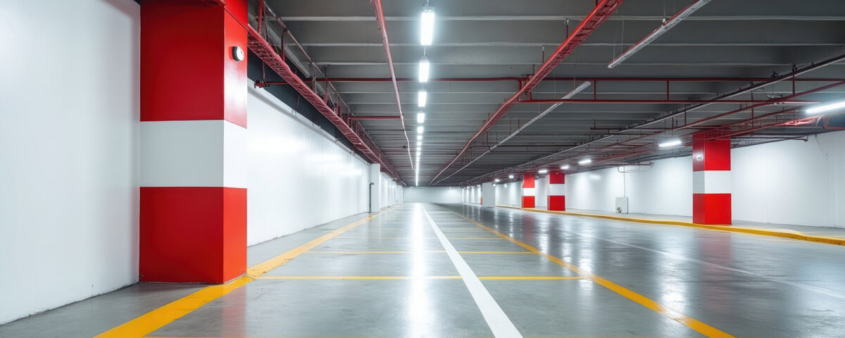 Empty parking garage interior with white walls and red concrete pillars. Clean floor with yellow and white markings under bright fluorescent lights. Long corridor stretches, into distance.