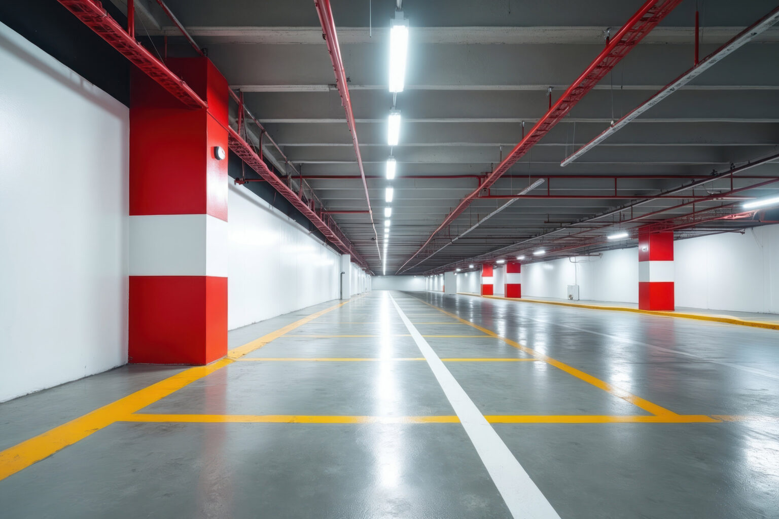 Concrete-Sealer-vs-Epoxy-Floor-Coating-Which-Is-Better-for-Commercial-Spaces Empty parking garage interior with white walls and red concrete pillars. Clean floor with yellow and white markings under bright fluorescent lights. Long corridor stretches, into distance.