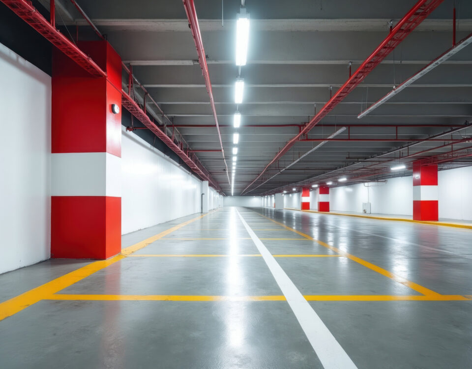 Empty parking garage interior with white walls and red concrete pillars. Clean floor with yellow and white markings under bright fluorescent lights. Long corridor stretches, into distance.