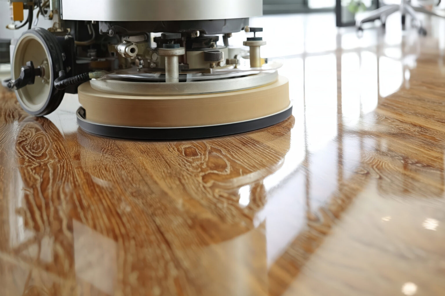 High-Gloss-vs-Matte-Floor-Finish-for-Commercial-Spaces Floor cleaner cleaning a wood polished floor