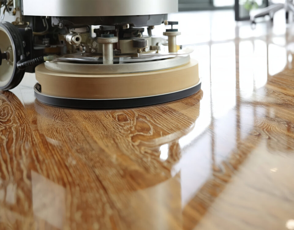 Floor cleaner cleaning a wood polished floor