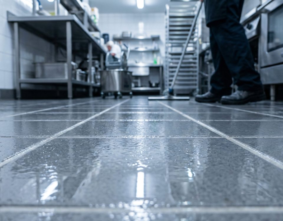Professional kitchen cleaning services | Industrial wet floor safety tiles | Commercial restaurant kitchen maintenance | Deep cleaning commercial floors