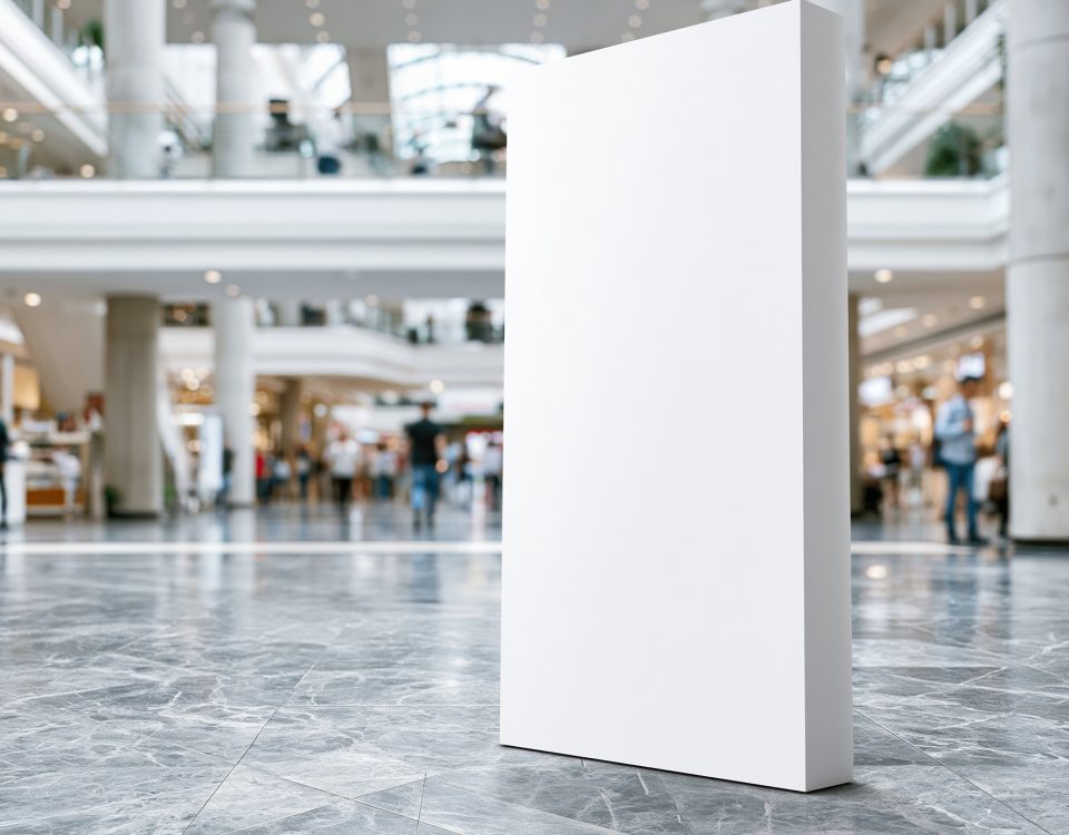 Blank advertising display standing in busy shopping mall