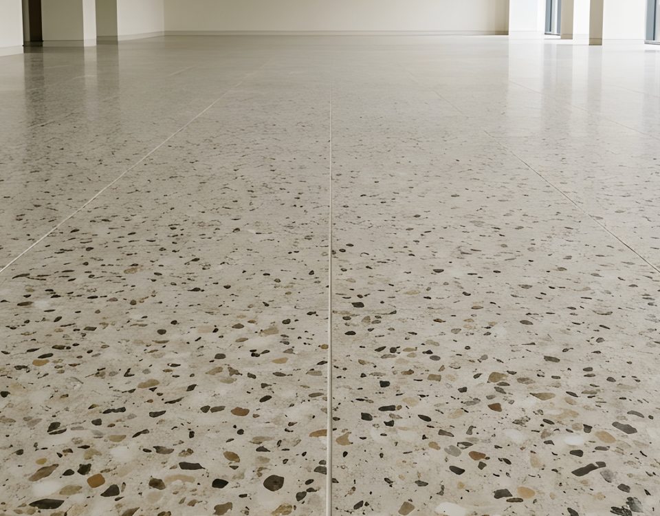 Terrazzo flooring inside a large modern empty commercial office building with white walls and windows.